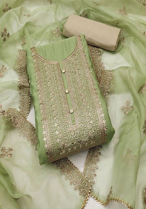 Green Sequin Embroidered Cotton Kurta Set