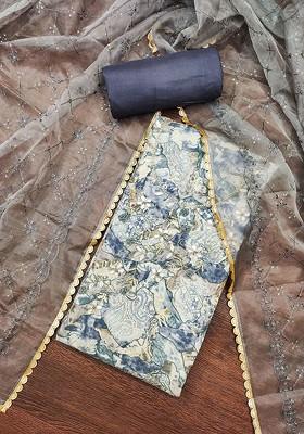 Grey Floral Print Cotton Kurta Set