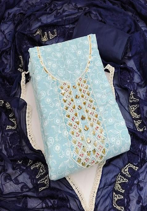 Blue Floral Print Cotton Kurta Set