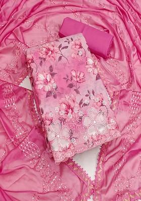Pink Floral Sequin Embroidered Cotton Kurta Set