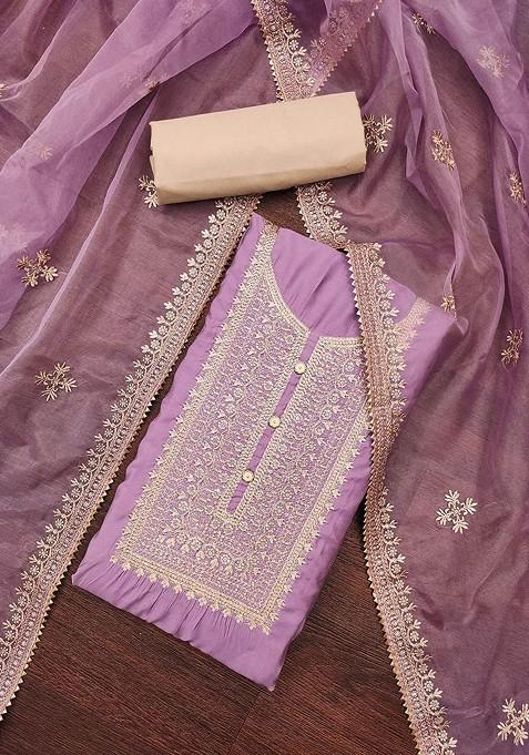 Lavender Floral Sequin Embroidered Cotton Kurta Set