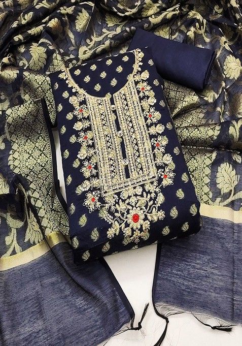 Blue Floral Embroidered Cotton Kurta Set