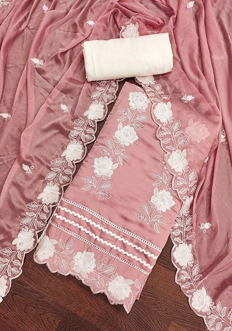 Pink Floral Embroidered Cotton Kurta Set