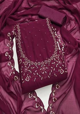 Magenta Floral Embroidered Cotton Kurta Set