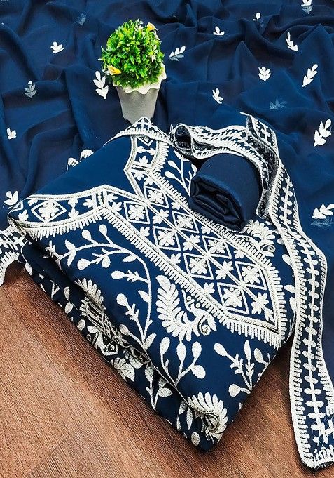 Blue Embroidered Cotton Kurta Set