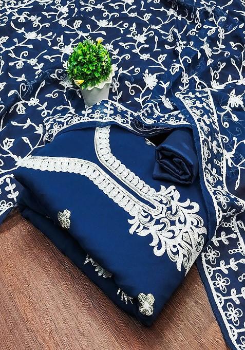 Blue Embroidered Cotton Kurta Set