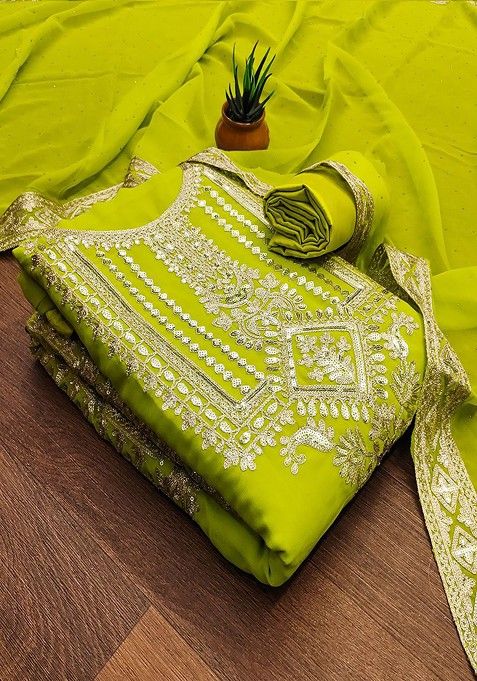 Green Embroidered Cotton Kurta Set