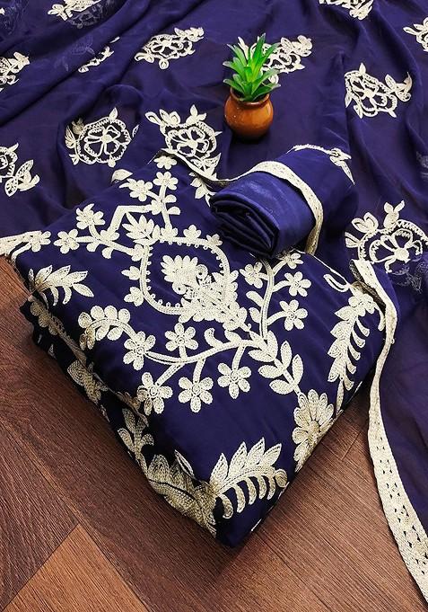 Blue Embroidered Cotton Kurta Set