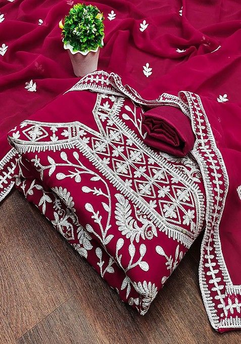 Maroon Embroidered Cotton Kurta Set