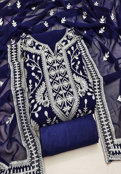 Blue Embroidered Cotton Kurta Set