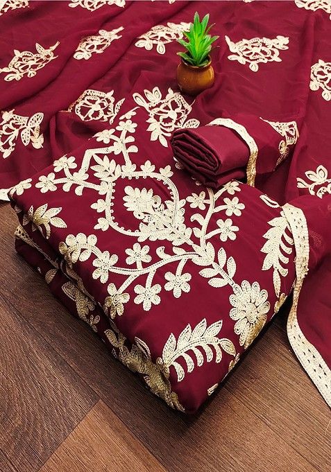 Maroon Embroidered Cotton Kurta Set