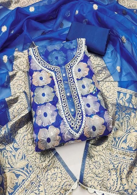 Blue Embroidered Cotton Kurta Set