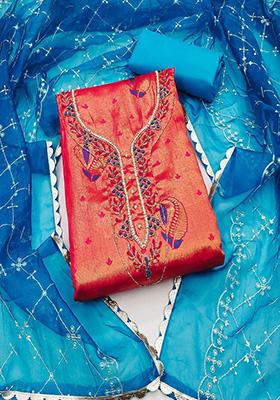 Red Embroidered Cotton Kurta Set