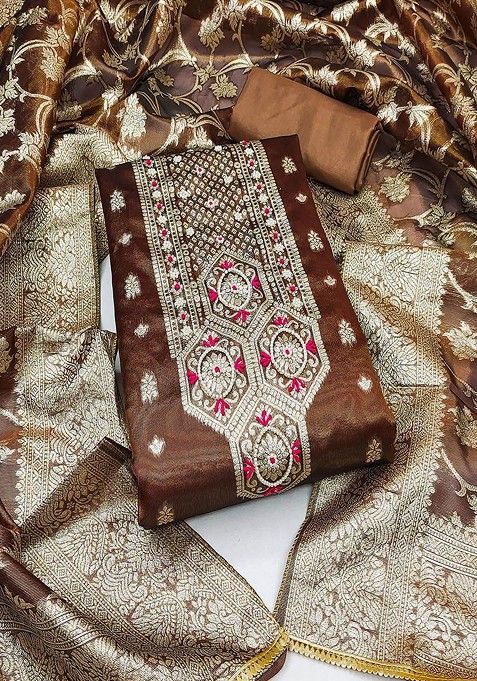 Brown Embroidered Cotton Kurta Set