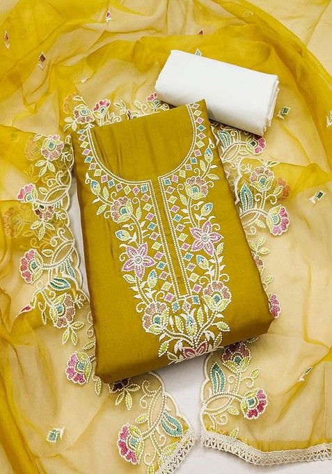 Mustard Yellow Embroidered Cotton Kurta Set