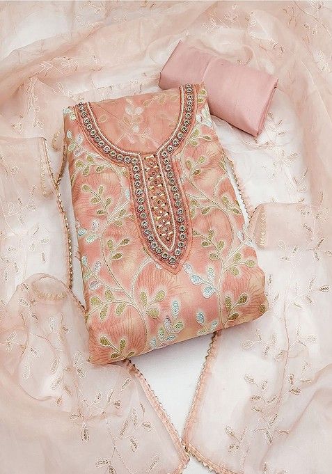 Peach Embroidered Cotton Kurta Set