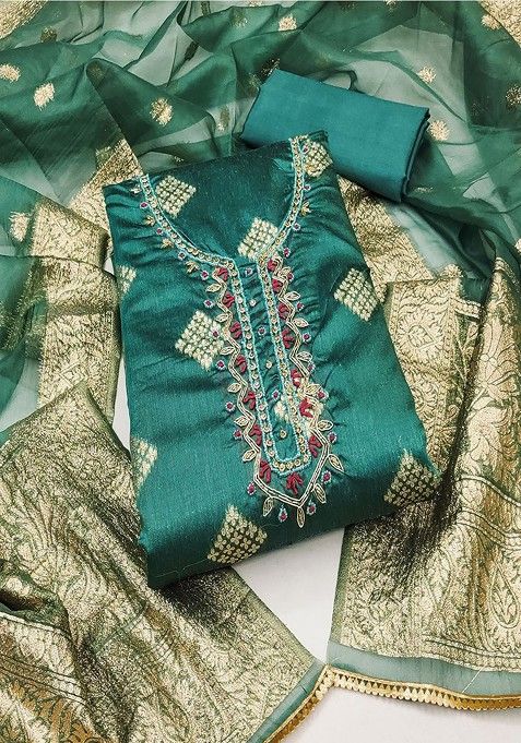 Green Embroidered Cotton Kurta Set