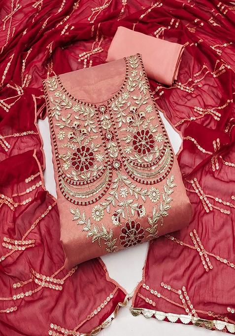 Peach Embroidered Cotton Kurta Set