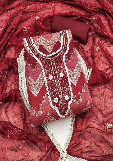 Maroon Embroidered Cotton Kurta Set