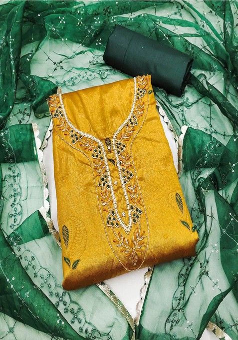 Mustard Yellow Embroidered Cotton Kurta Set