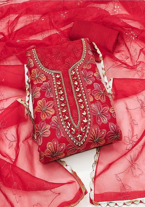 Red Embroidered Cotton Kurta Set