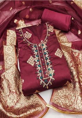 Maroon Embroidered Cotton Kurta Set