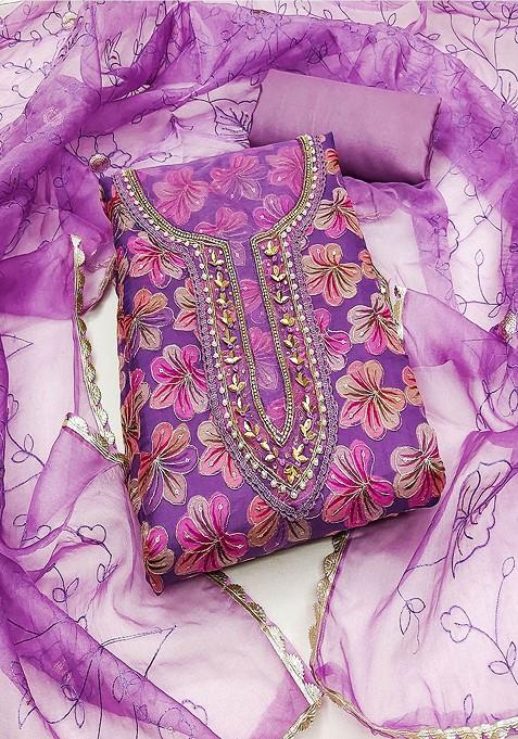 Purple Embroidered Cotton Kurta Set