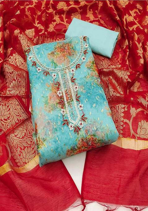 Blue Embroidered Cotton Kurta Set