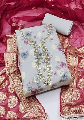 Grey Floral Embroidered Cotton Kurta Set