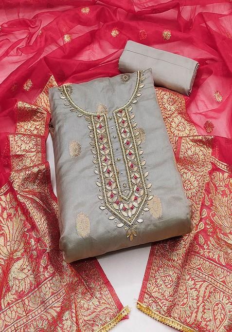 Grey Floral Bead Embroidered Cotton Kurta Set