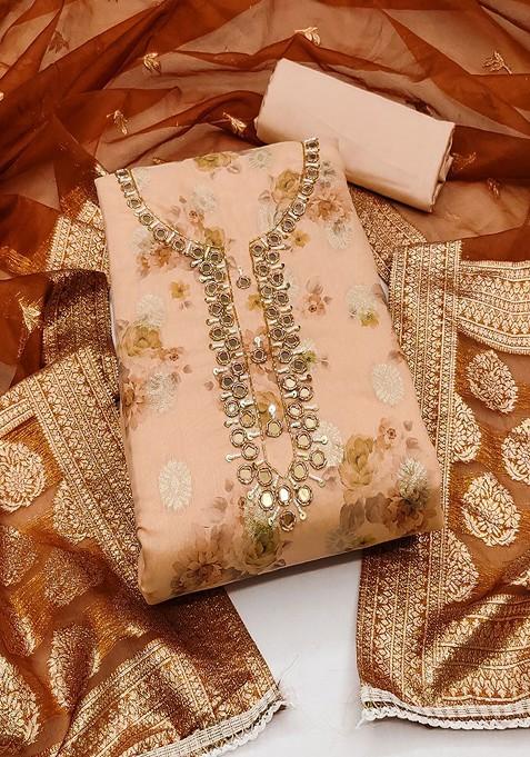 Peach Floral Embroidered Cotton Kurta Set