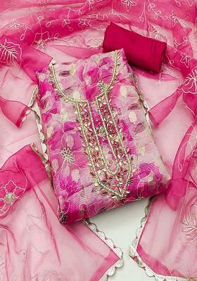 Pink Floral Bead Embroidered Cotton Kurta Set