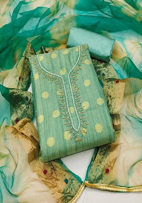 Teal Floral Bead Embroidered Cotton Kurta Set