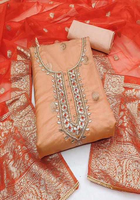 Peach Embroidered Cotton Kurta Set