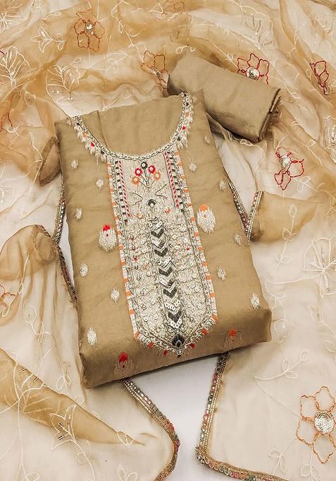 Beige Sequin Embroidered Cotton Kurta Set