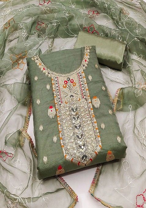 Green Sequin Embroidered Cotton Kurta Set