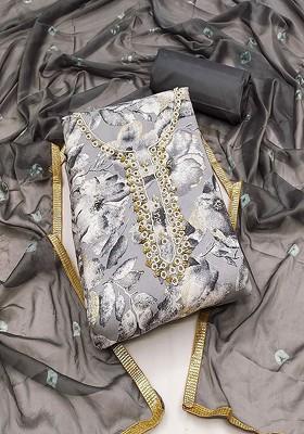 Grey Floral Print Cotton Kurta Set