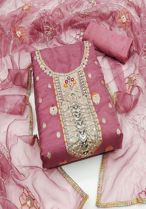 Pink Floral Sequin Embroidered Cotton Kurta Set