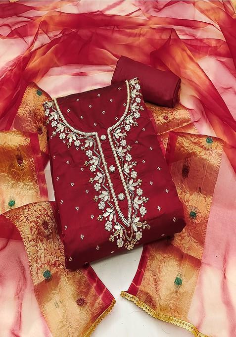 Maroon Floral Embroidered Cotton Kurta Set