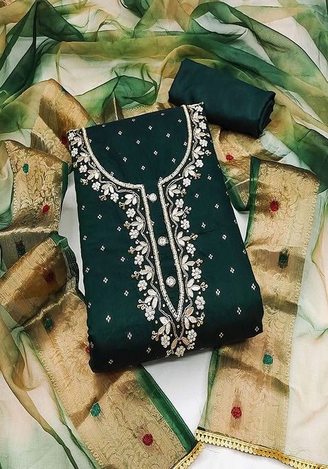 Green Floral Embroidered Cotton Kurta Set