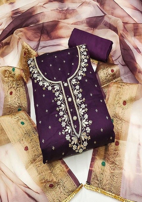 Violet Floral Bead Embroidered Cotton Kurta Set