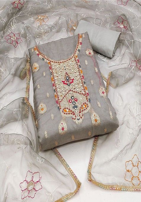 Grey Floral Embroidered Cotton Kurta Set