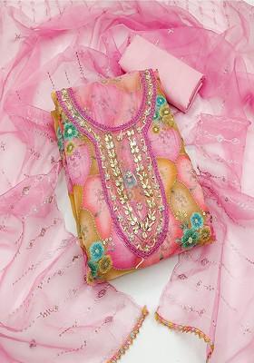 Pink Sequin Embroidered Cotton Kurta Set