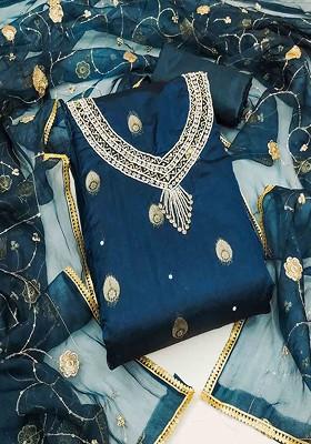 Blue Floral Embroidered Cotton Kurta Set