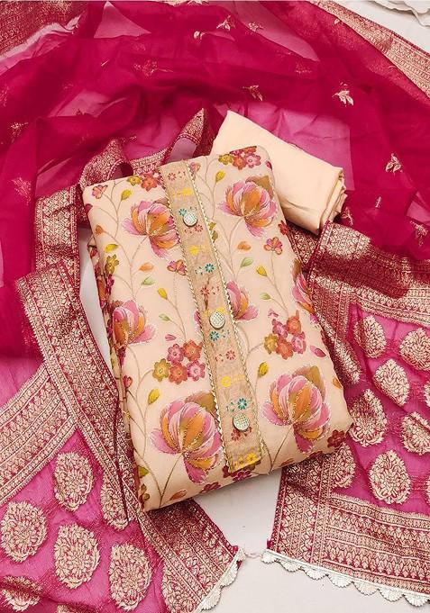 Peach Floral Print Cotton Kurta Set