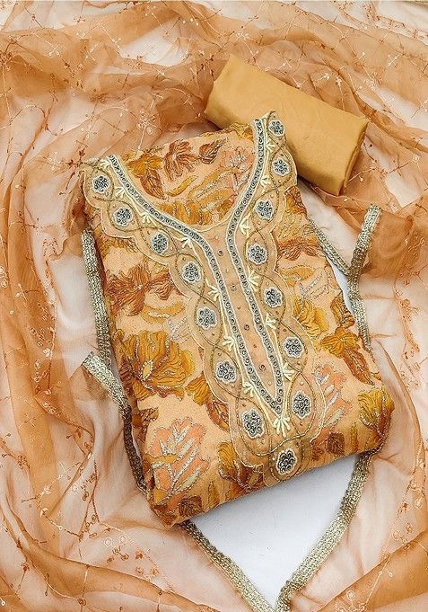 Golden Floral Embroidered Cotton Kurta Set