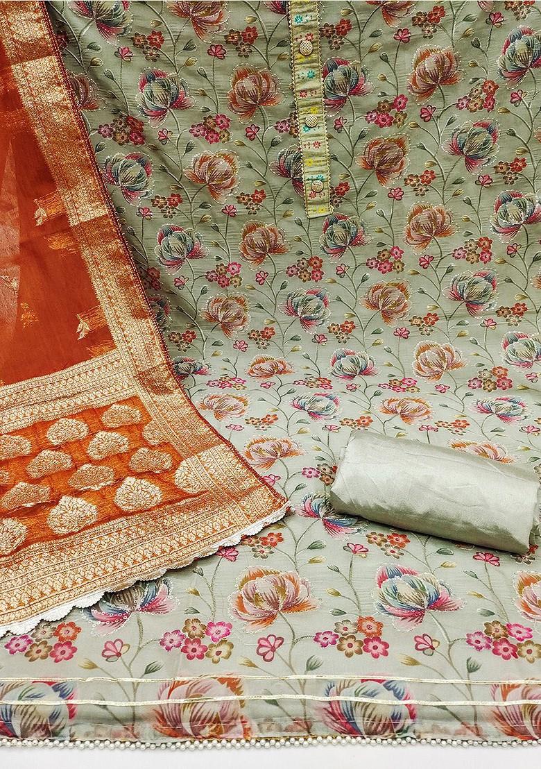 Olive Green Floral Print Cotton Kurta Set