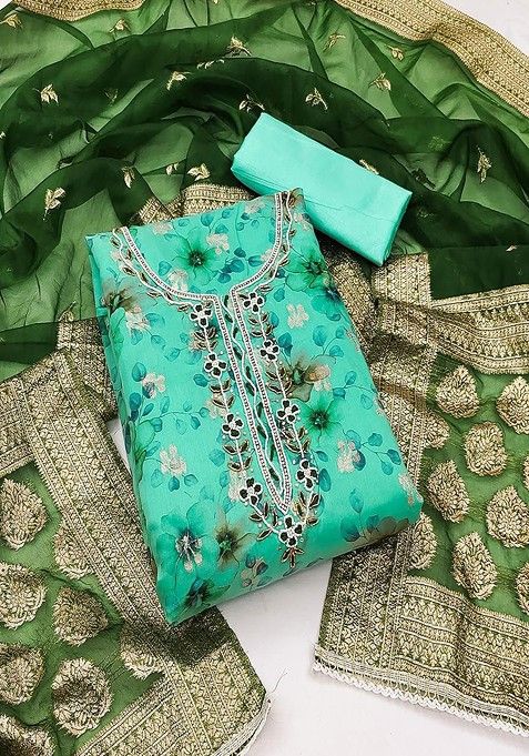 Turquoise Blue Floral Print Cotton Kurta Set