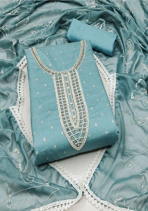 Turquoise Blue Embroidered Cotton Kurta Set