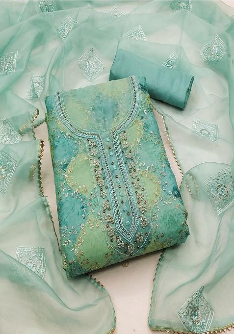 Teal Blue Floral Sequin Embroidered Cotton Kurta Set